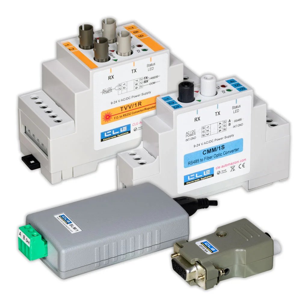 CLE TVV/1R repeater, CMM/1S converter, BLM/1 USB converter and DB9 adapter