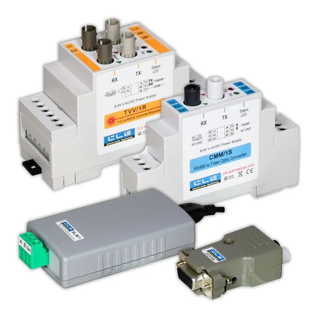 Ripetitore TVV/1R, convertitore CMM/1S, convertitore USB BLM/1 e adattatore DB9 di CLE